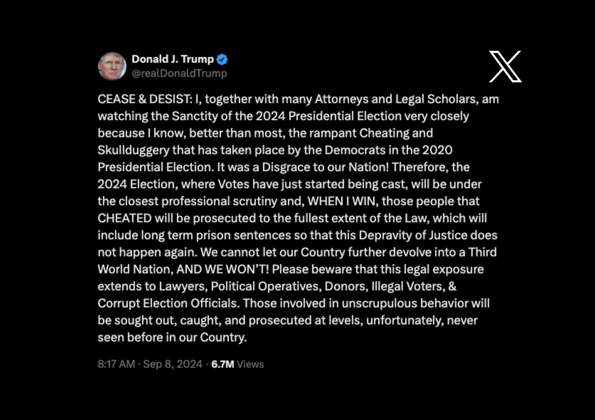 Framed Tweet - Donald Trump - Cease and Desist - Bingkai Twit